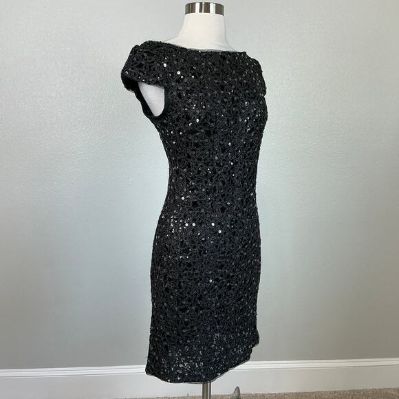 Adrianna Papell Black Sequined Cocktail Dress Size 10P Short Sleeve Mini Sheath - Picture 2 of 14